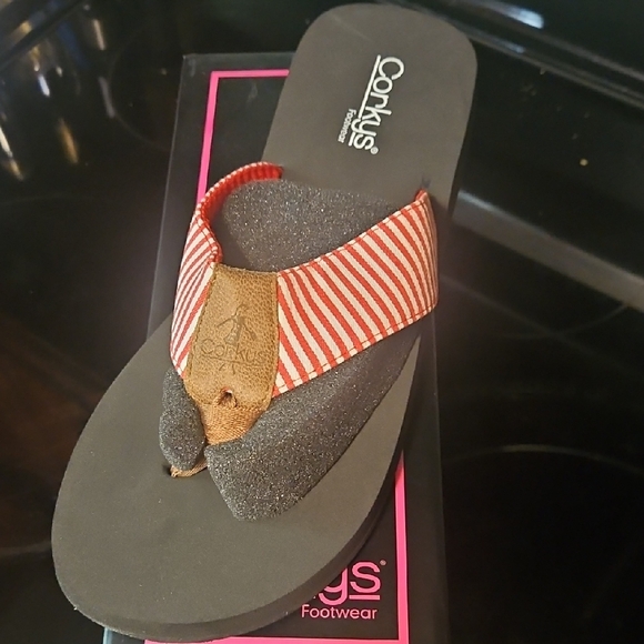 Corkys Red Striped Flip Flops with Black Soles - Picture 1 of 3